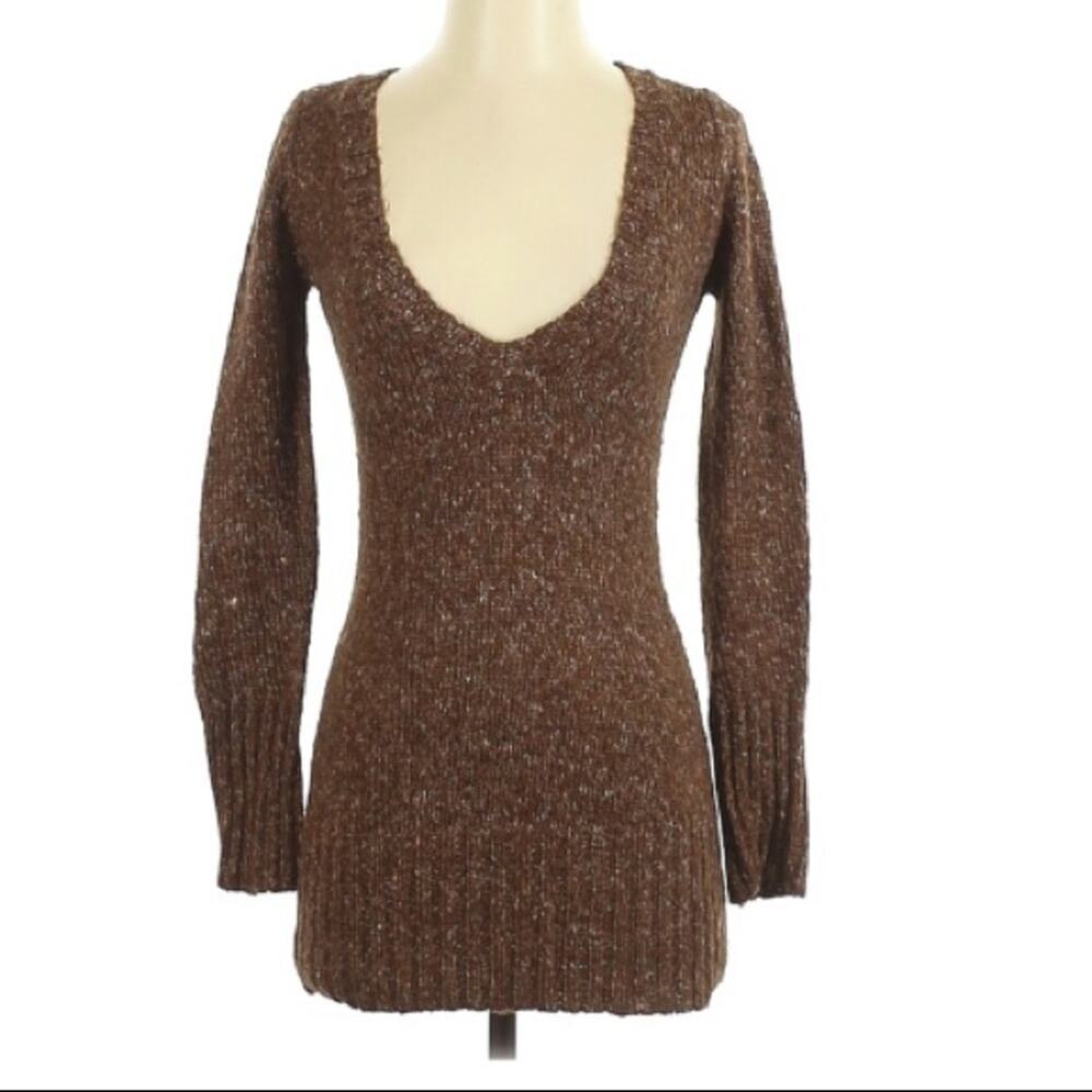 Aqua Brown & Gold Metallic Knit V Neck Pullover Sweater XS Vintage Ribbed Y2K